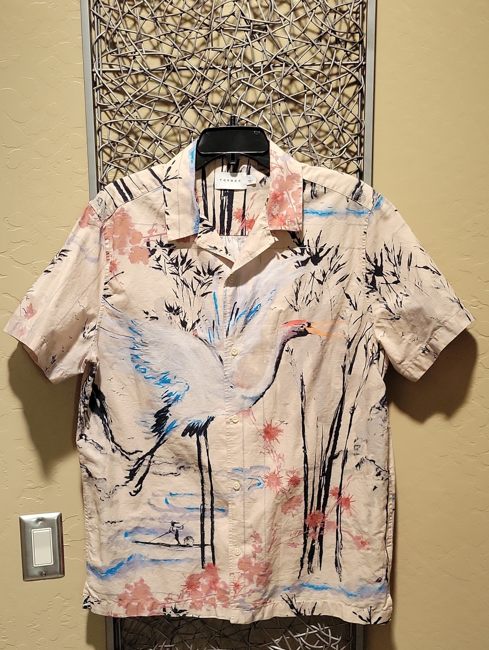 Topman Men's Cream Crane Print Short Sleeve Shirt